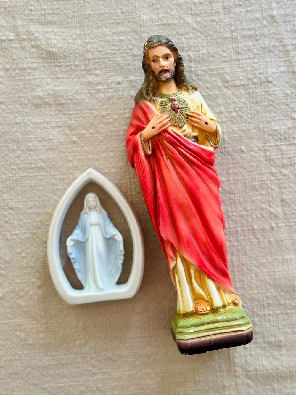 Vintage Sacred Heart Jesus Statue with Small Virgin Mary Cameo